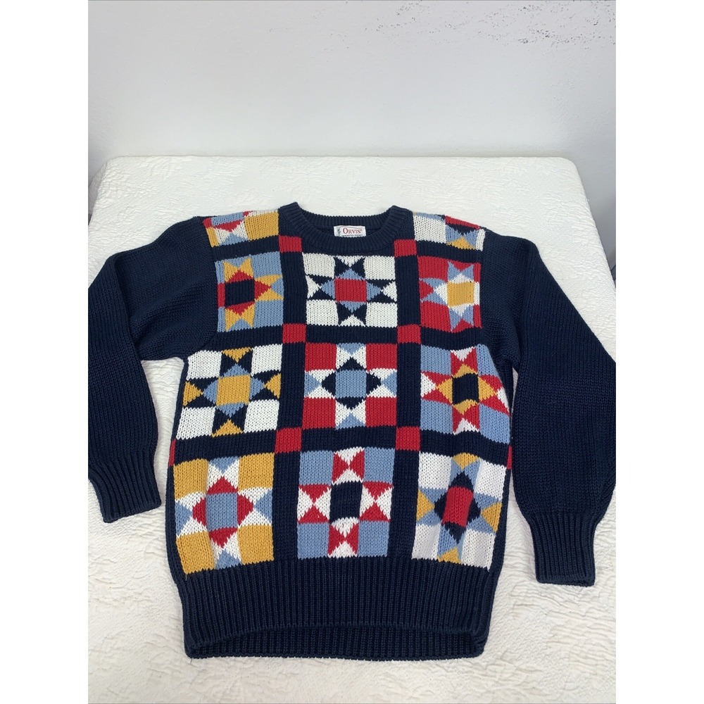 Vintage Orvis Sweater Colorblock Patchwork Quilt Nautical Snowflake Grandpa L‎